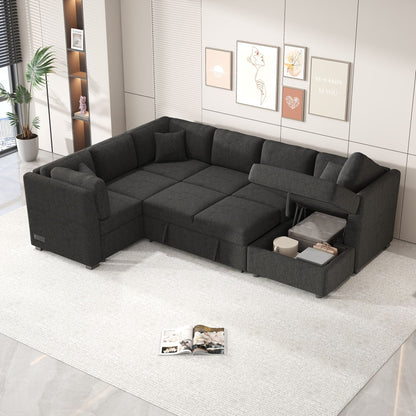 U-Shaped sleeper sectional in charcoal fabric with storage chaise, pull-out bed, USB ports on Tampa Home & Garden Store