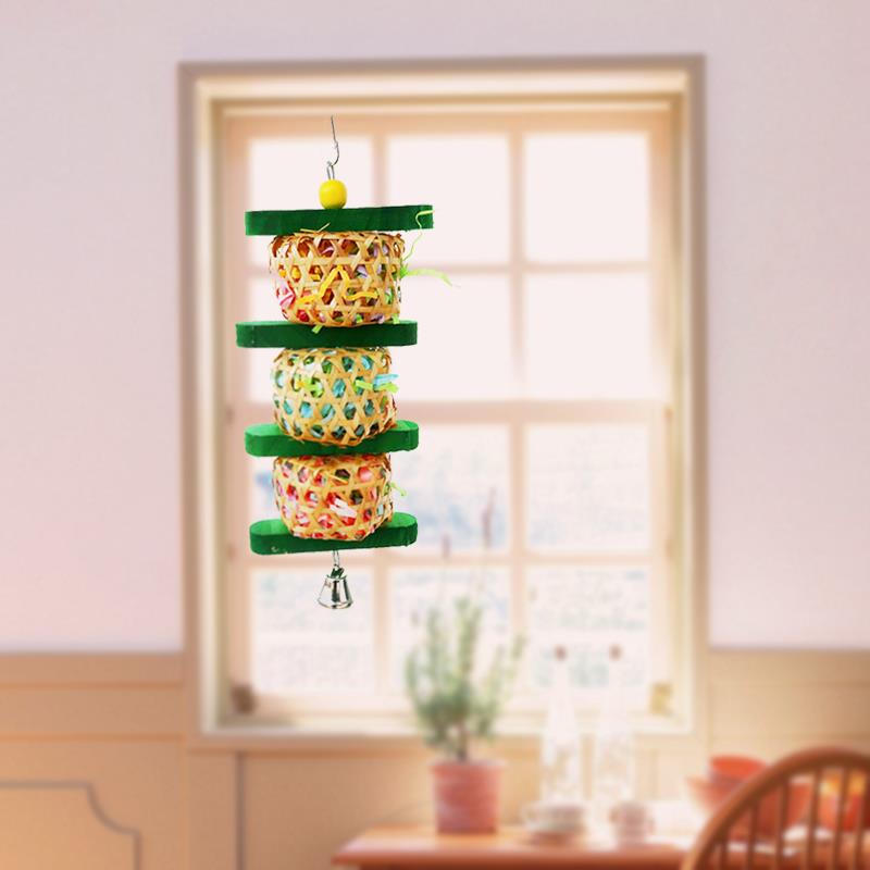Parrot toy with rattan woven skewers and paper silk, 3-piece set with green discs and bell on Tampa Home & Garden Store