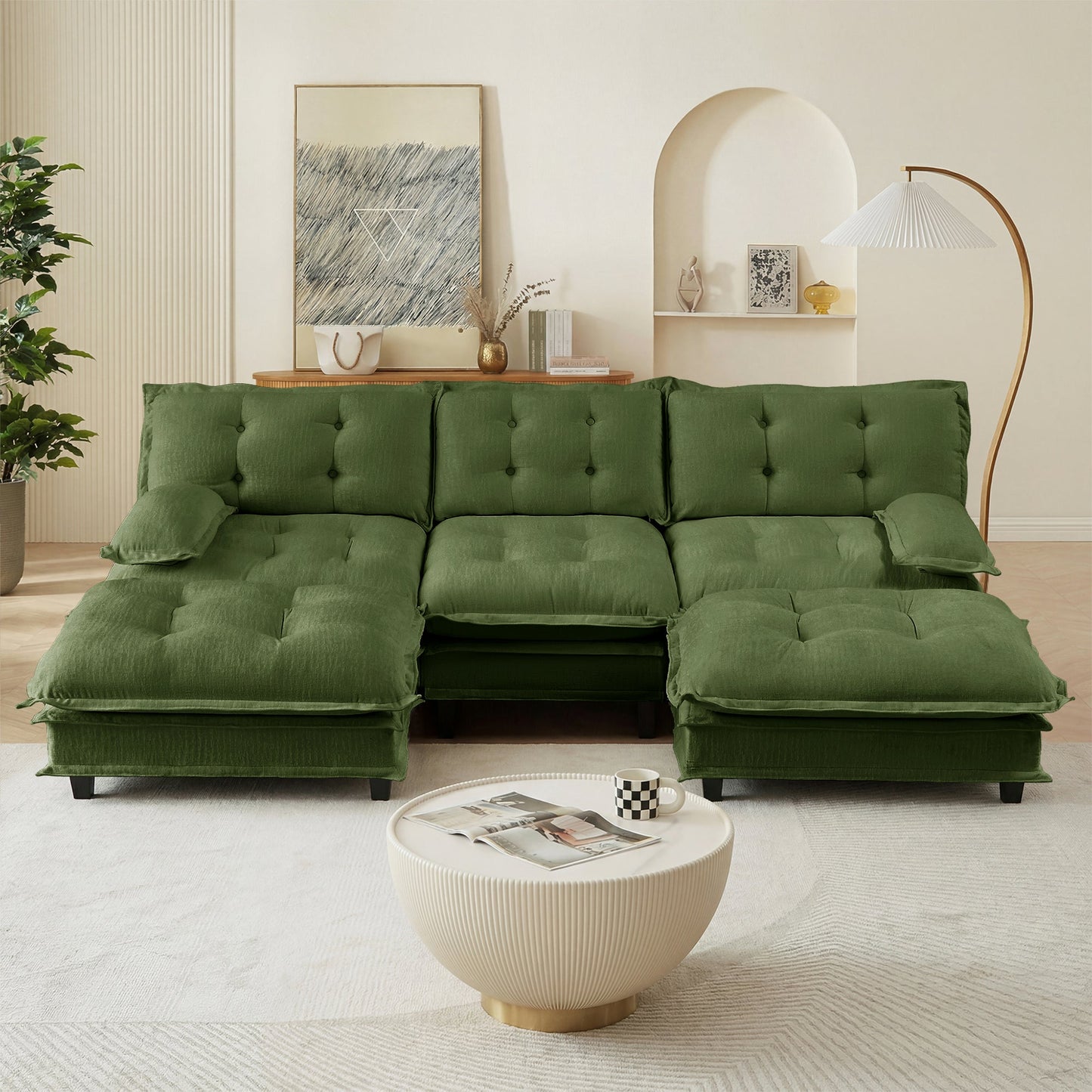 107-inch U-shaped tufted sofa modular sectional with ottomans in green fabric HouseOfZazla on Tampa Home & Garden Store