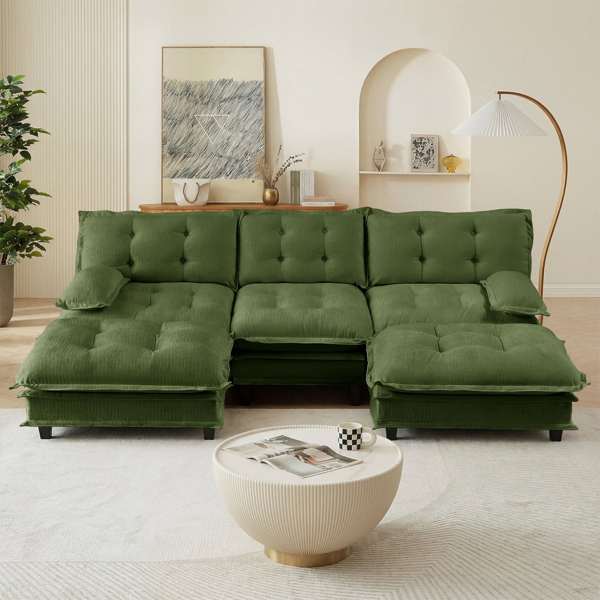 107-inch U-shaped tufted sofa modular sectional with ottomans in green fabric HouseOfZazla on Tampa Home & Garden Store