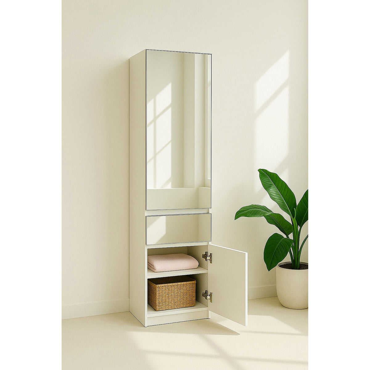 White slim modular closet cabinet with mirror, triple wardrobe unit with shelves on Tampa Home & Garden Store