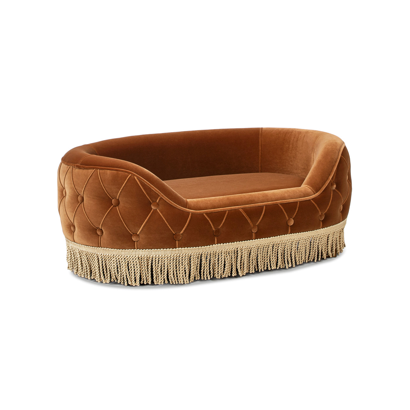 Monroe 33in Dog Sofa Bed Medium burnt velvet with tufted sides and cream fringe on Tampa Home & Garden Store