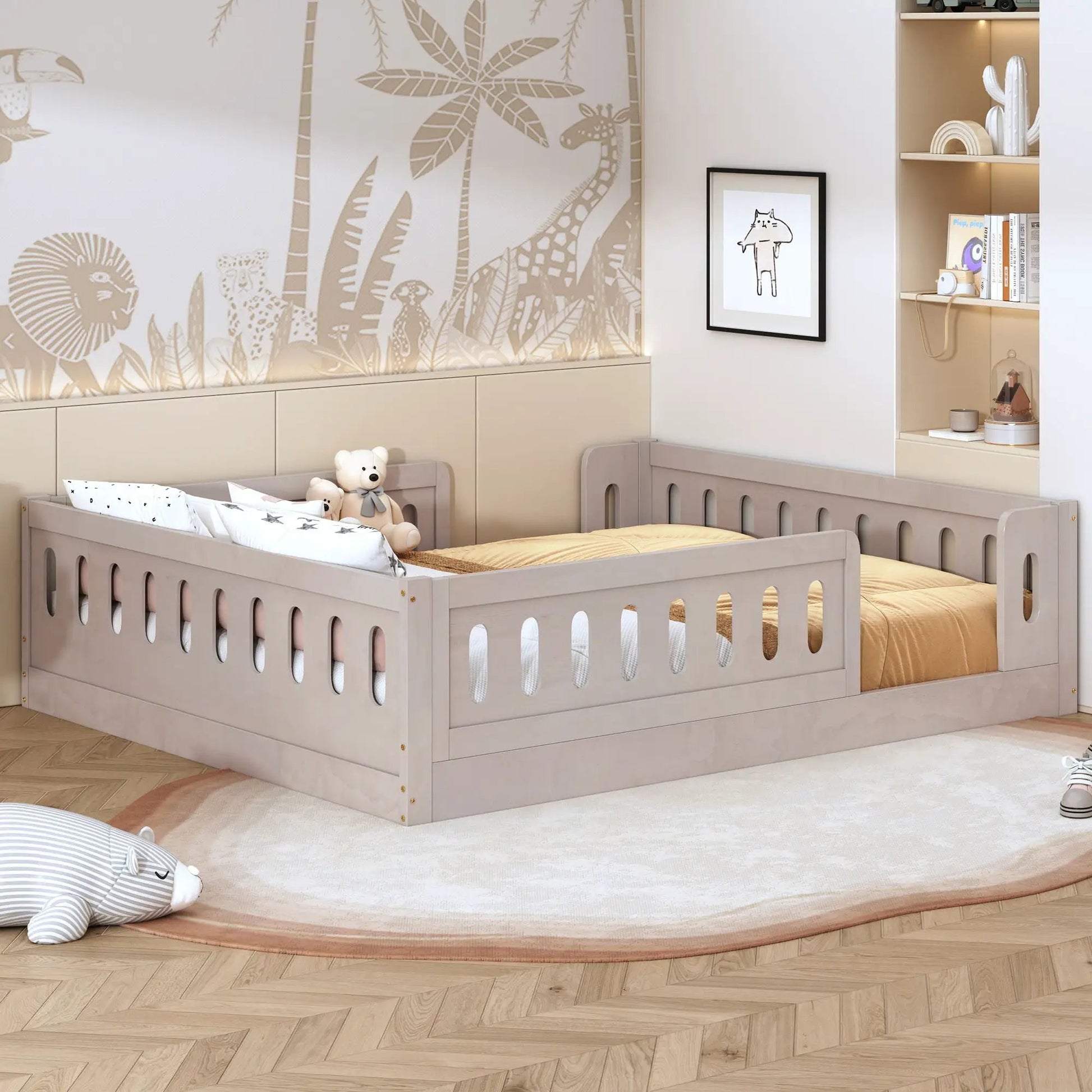 Platform Bed With Guardrail in light gray wood by Unique Piece Furniture on Tampa Home & Garden Store