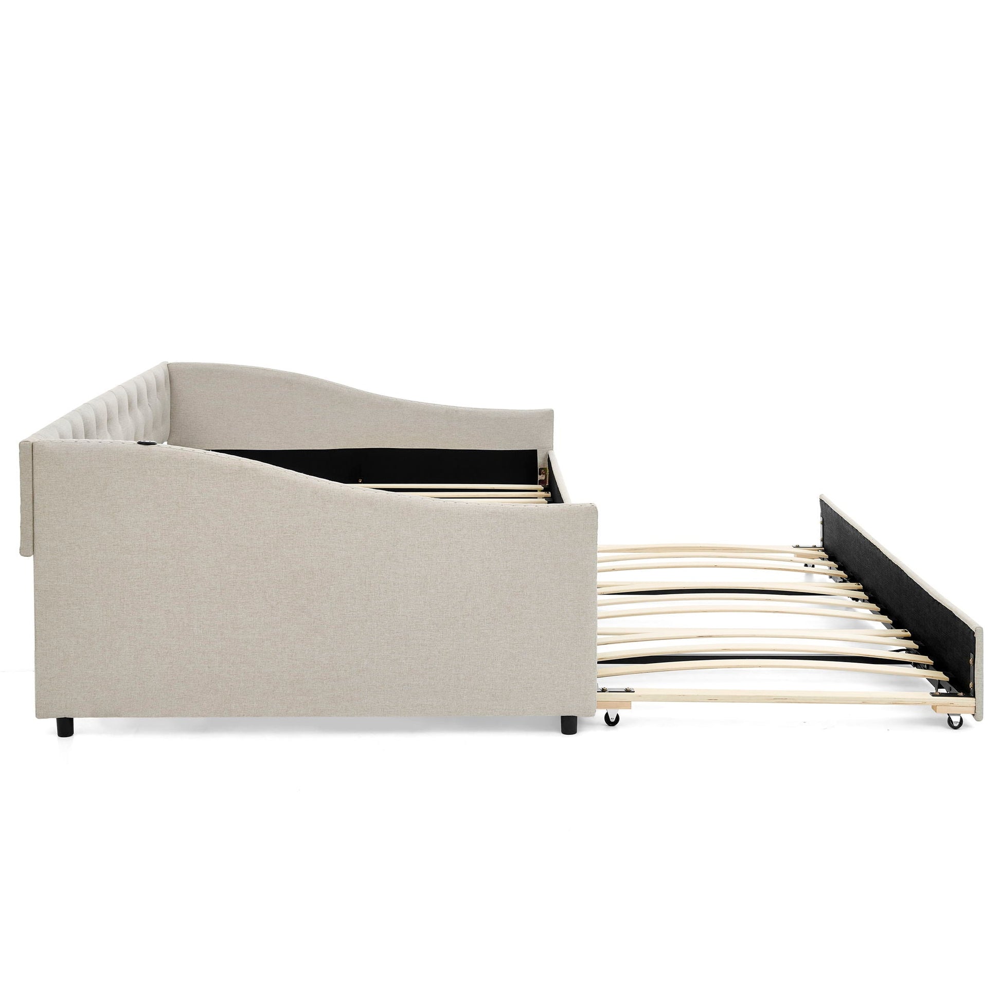 Upholstered daybed with USB charging and pull-out trundle in beige fabric by HouseOfZazla on Tampa Home & Garden Store