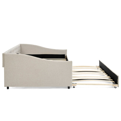 Upholstered daybed with USB charging and pull-out trundle in beige fabric by HouseOfZazla on Tampa Home & Garden Store