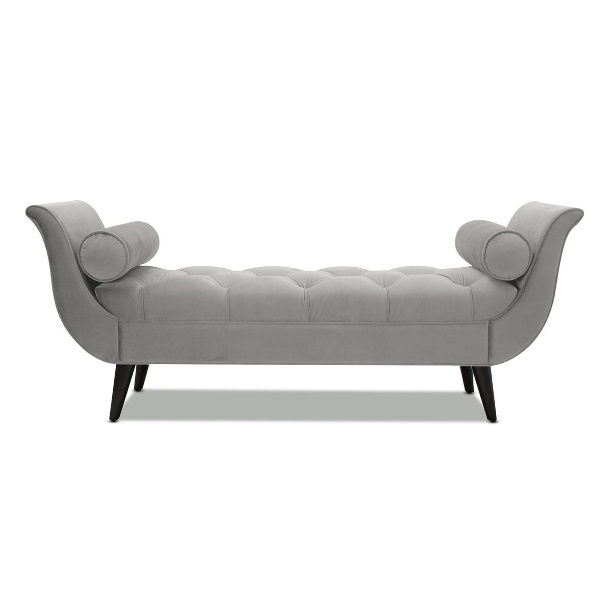 Tufted flared-arm entryway bench in gray velvet with two bolster pillows and tapered legs on Tampa Home & Garden Store