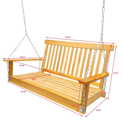 Front porch swing with armrests in natural wood finish on Tampa Home & Garden Store