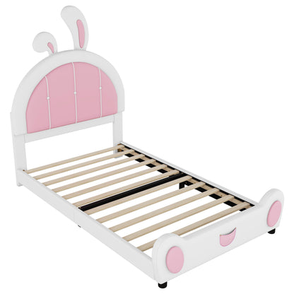 Upholstered Platform Bed With Rabbit Shaped Headboard, white frame, pink panel, HouseOfZazla on Tampa Home & Garden Store