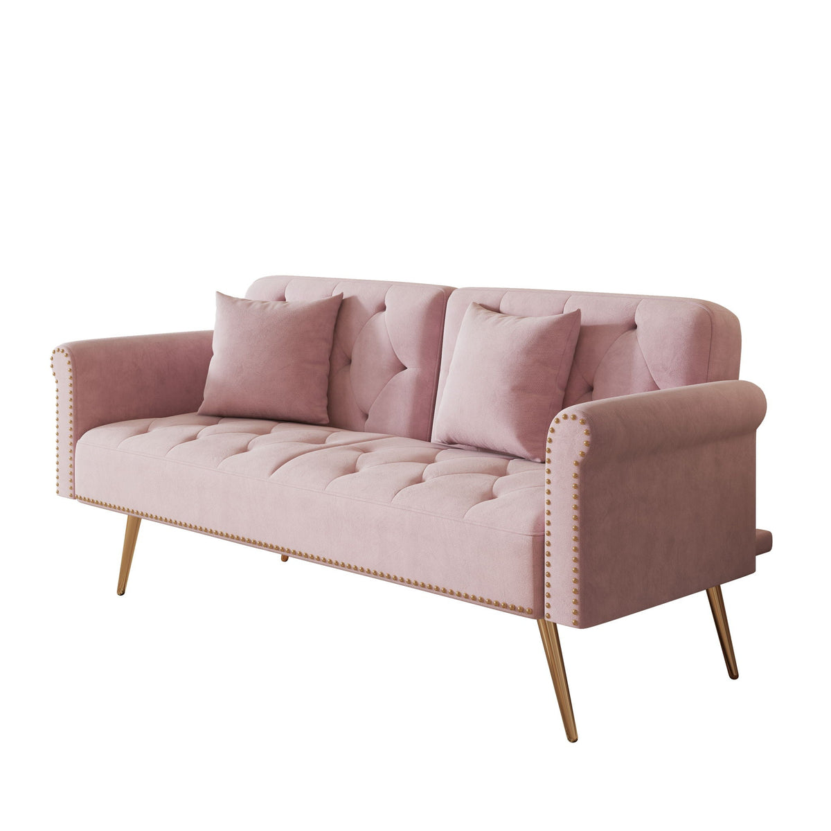 Velvet futon sofa bed by HouseOfZazla in pink with nail head trim and matching pillows on Tampa Home & Garden Store