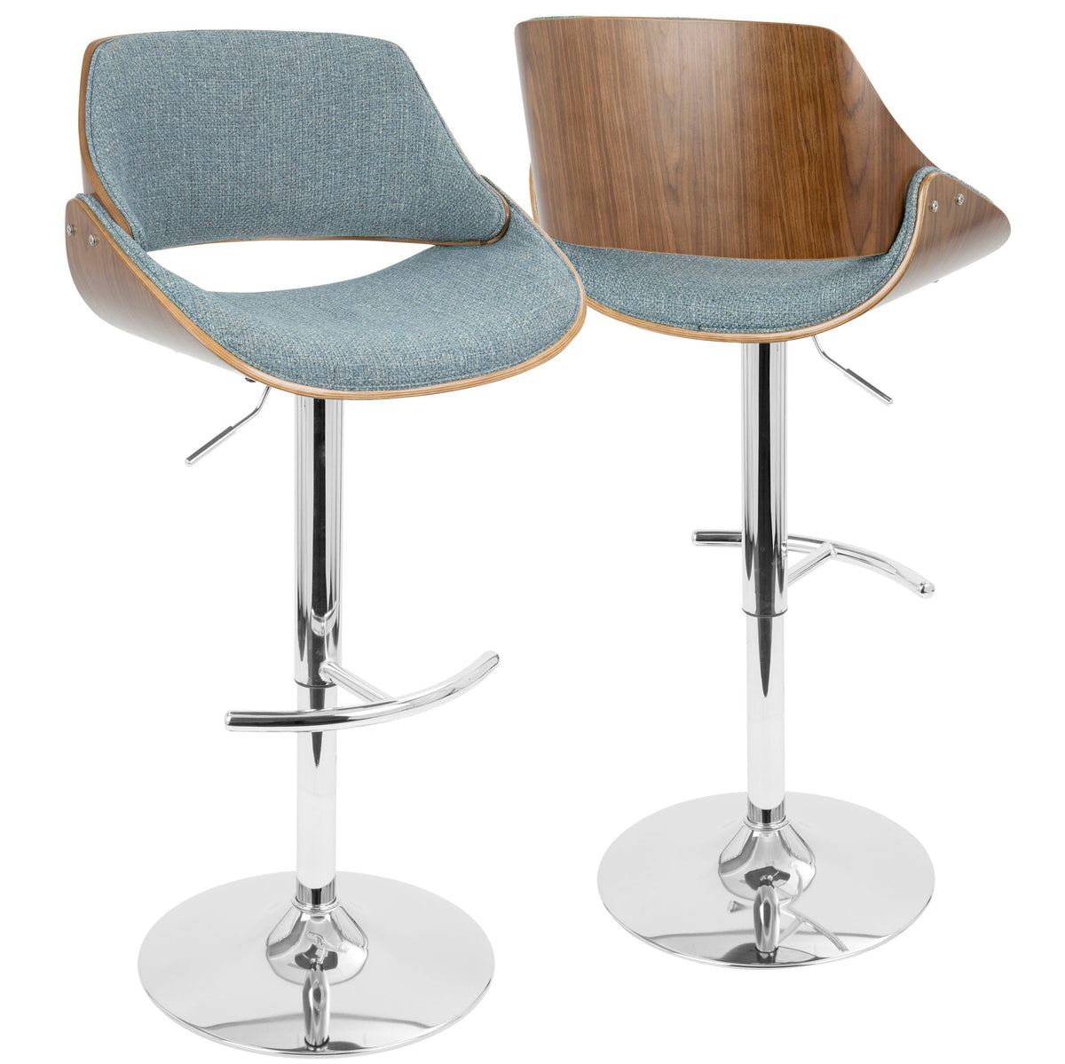 Pair of mid-century modern adjustable barstools with swivel blue fabric seats and wood backs on Tampa Home & Garden Store