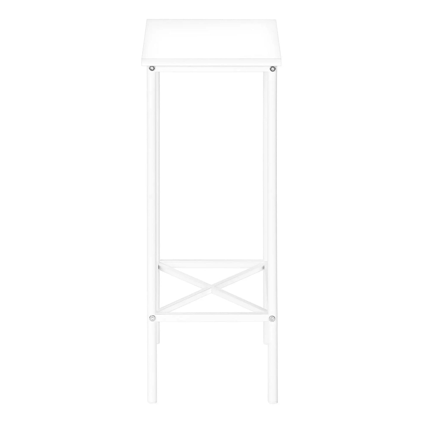 Accent side table, narrow 2-tier white metal with crisscross lower shelf, contemporary design on Tampa Home & Garden Store
