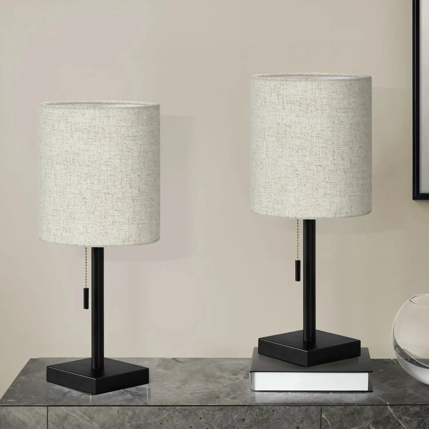 Table lamp pair with nickel finish and beige fabric shades, USB port included, modern style on Tampa Home & Garden Store