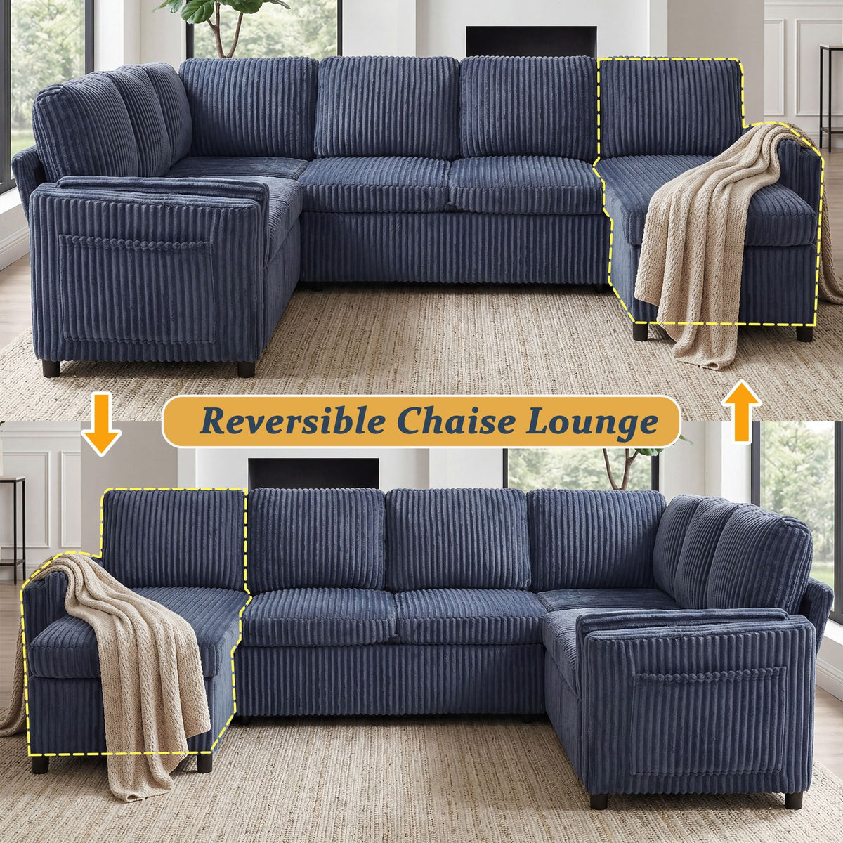Convertible U-shaped sectional sofa bed HouseOfZazla navy corduroy on Tampa Home & Garden Store