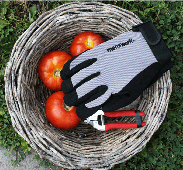Manswork Performance Gloves grey and black in a wicker basket with 3 tomatoes and pliers on Tampa Home & Garden Store