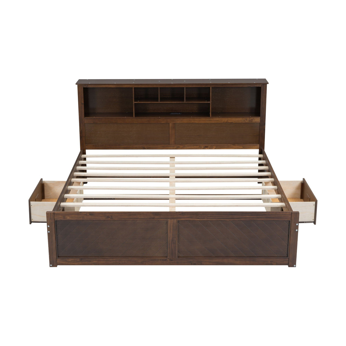 Platform bed in dark wood with multi storage headboard and drawers on Tampa Home & Garden Store