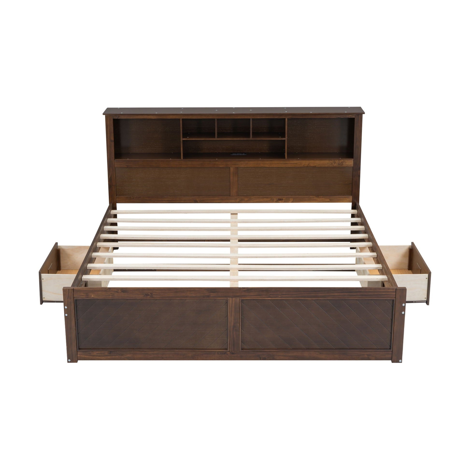 Platform bed in dark wood with multi storage headboard and drawers on Tampa Home & Garden Store