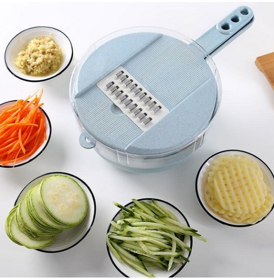 Perfecsy 8 In 1 Mandoline Slicer with blue handle; round slicer with blades, veggie bowls on Tampa Home & Garden Store