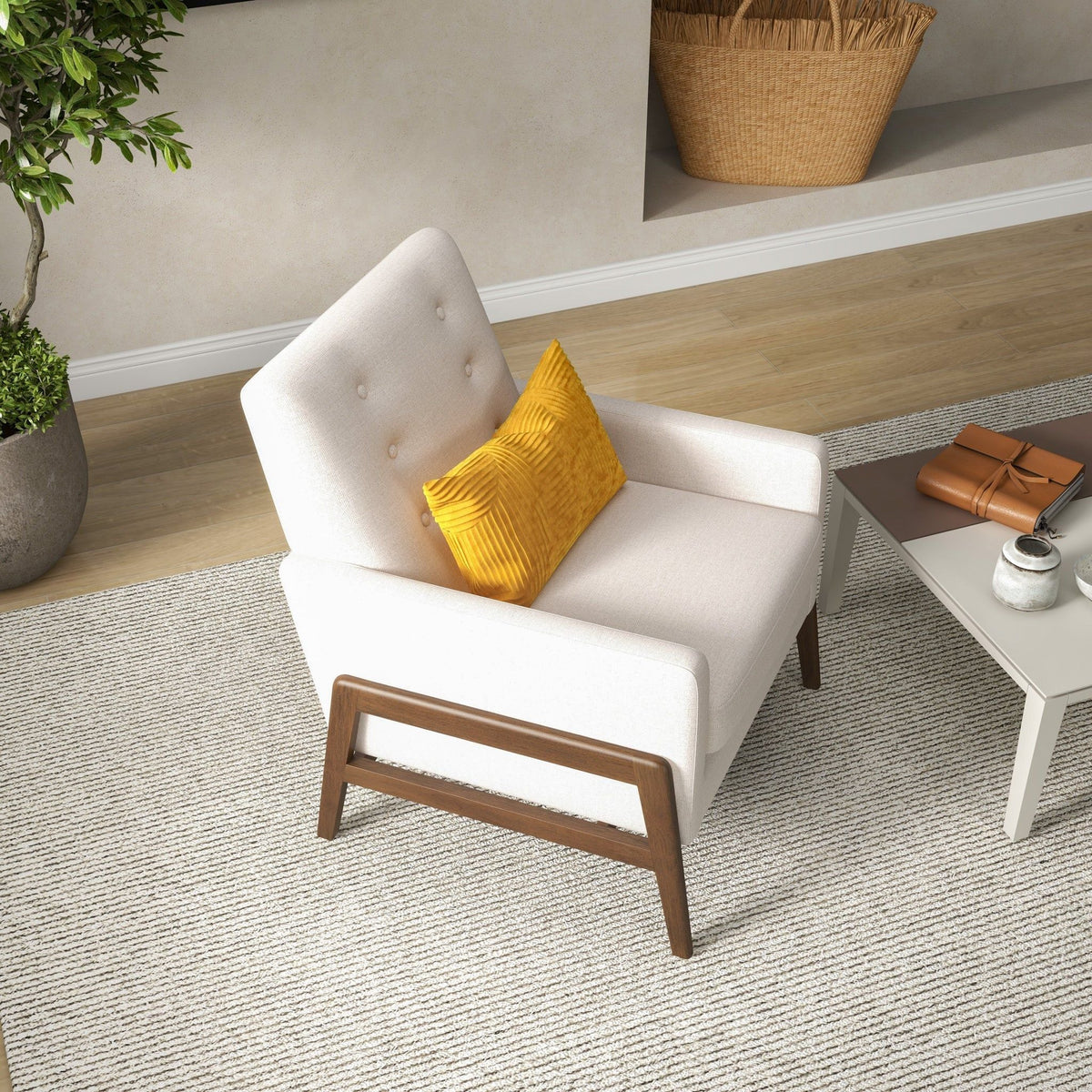 Cole Solid Wood Lounge Chair white upholstered with dark wood legs in living room on Tampa Home & Garden Store
