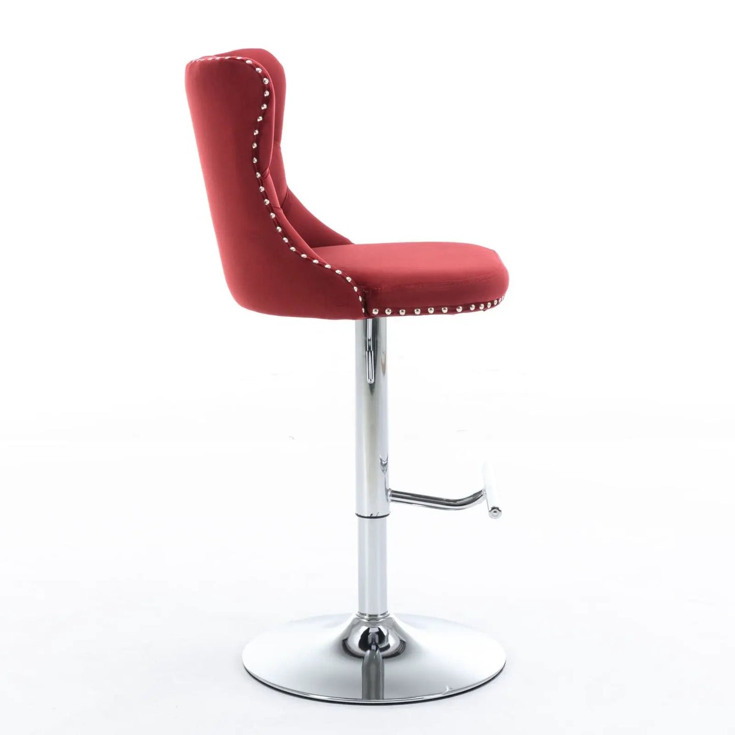 Red tufted swivel bar stool with chrome pedestal base and nailhead trim height 25–33 in on Tampa Home & Garden Store
