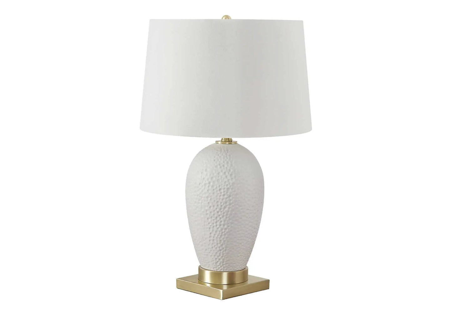 Table lamp, ceramic textured white base with brass accents and white shade on Tampa Home & Garden Store