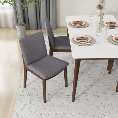 Mid-Century modern solid wood dining chairs in grey fabric with dark legs set of four on Tampa Home & Garden Store