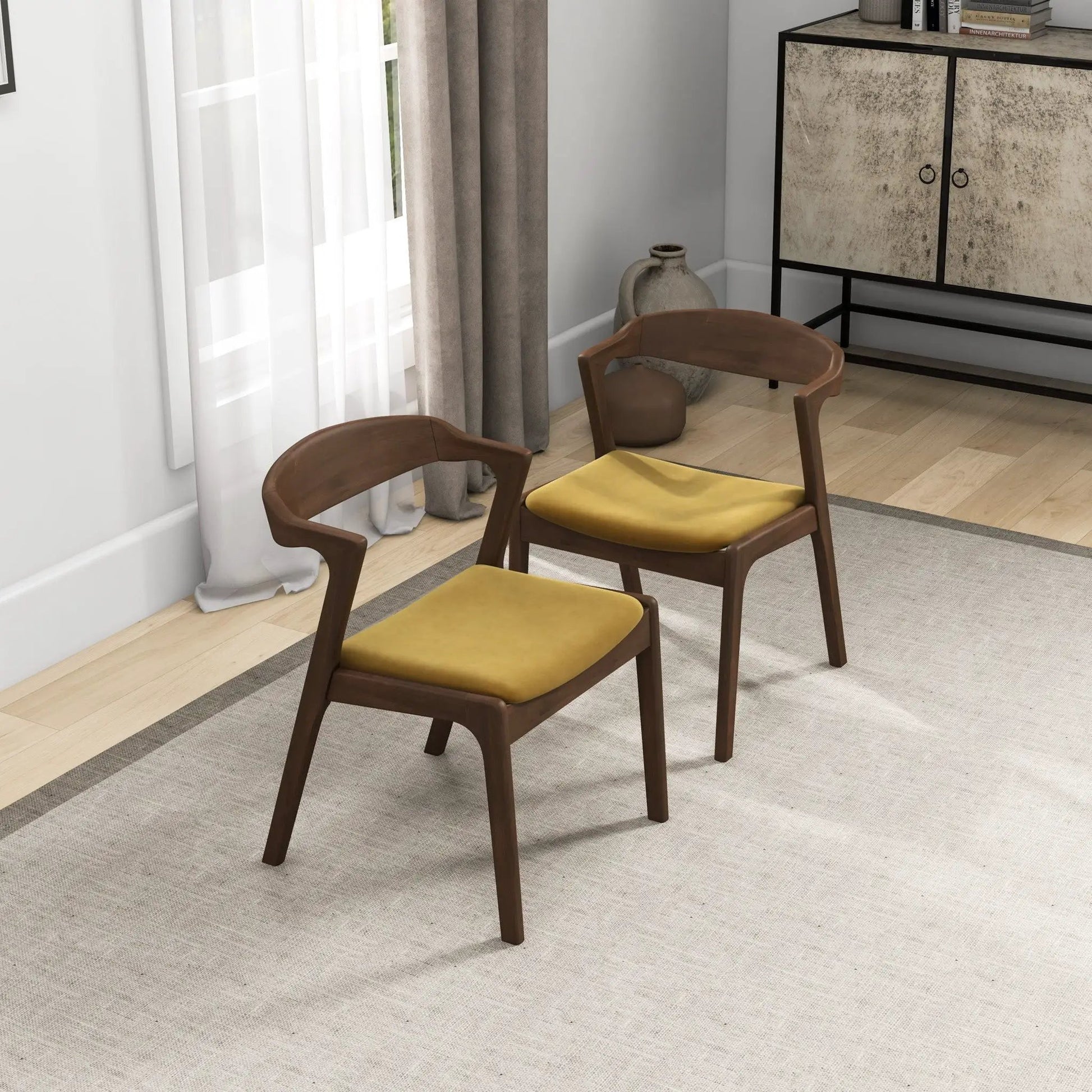 Dakota mid-century modern dining chairs set of 2 in warm brown wood with mustard cushions on Tampa Home & Garden Store