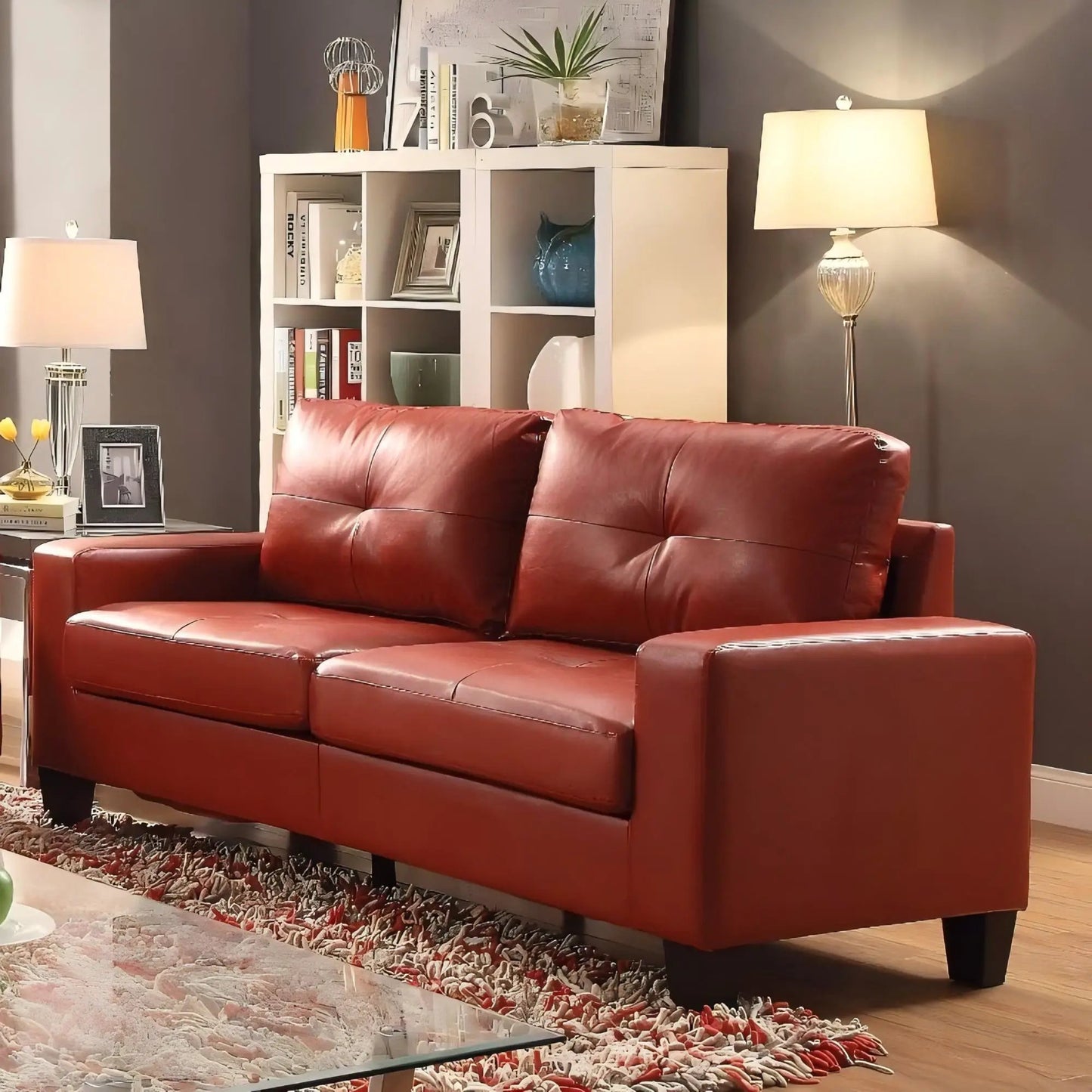 Newbury Red leather stationary sofa with square arms by Unique Piece Furniture on Tampa Home & Garden Store