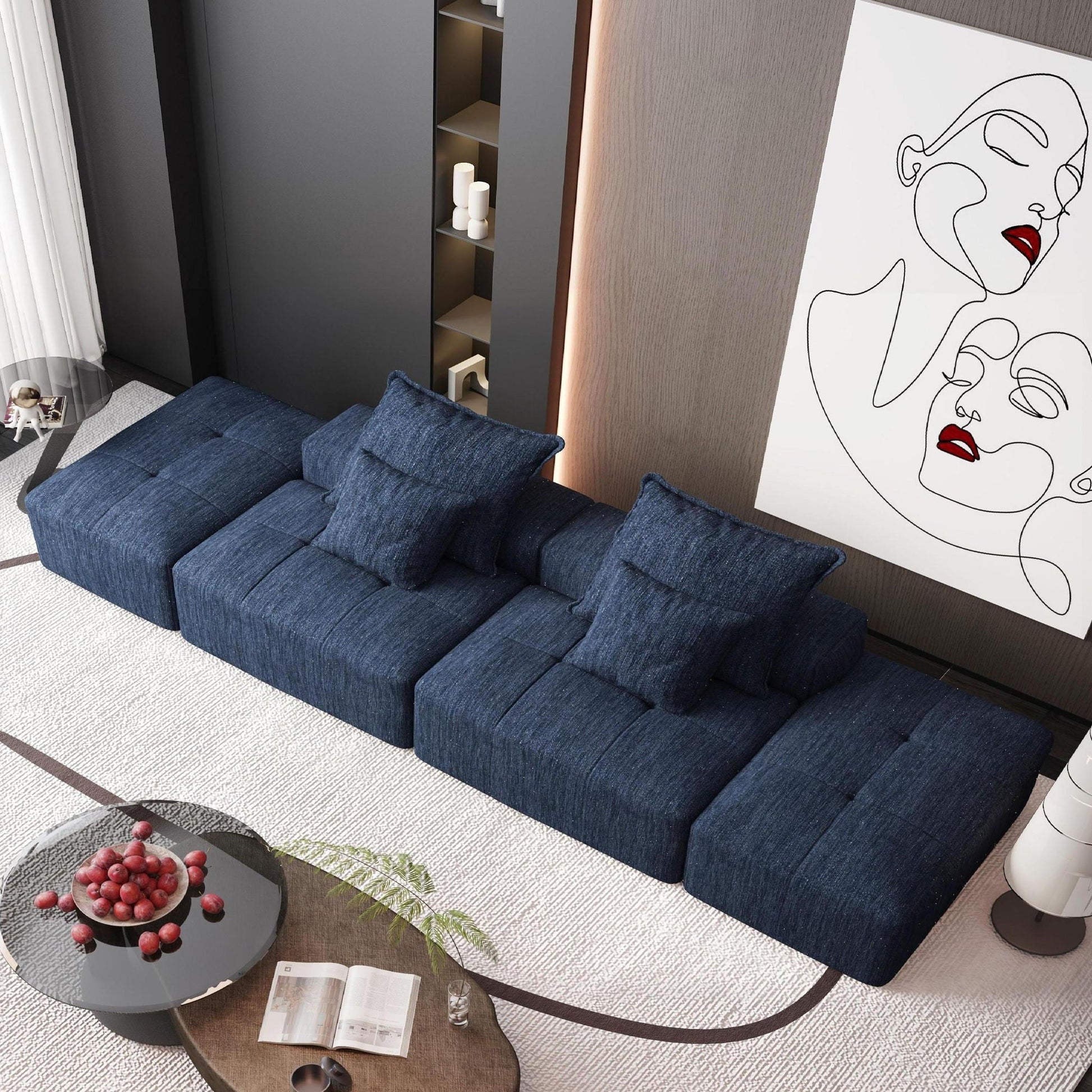 Modern oversized DIY modular sectional sofa with pillows in dark blue fabric HouseOfZazla on Tampa Home & Garden Store