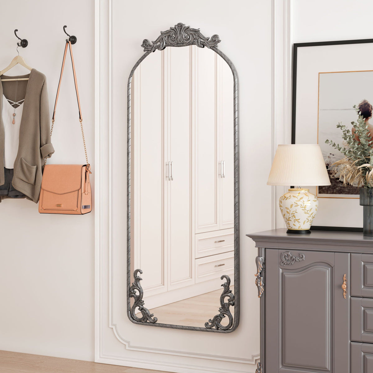 Full body arched mirror with carved applique in bronze or pearl silver by HouseOfZazla on Tampa Home & Garden Store