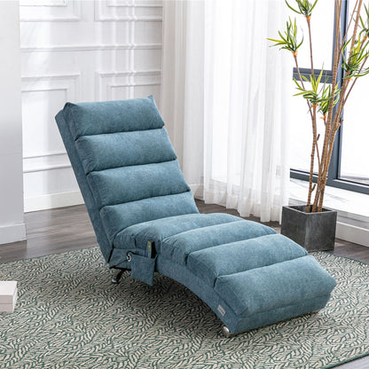 Massage chaise lounge with teal upholstery and built-in remote pocket in bright modern room on Tampa Home & Garden Store