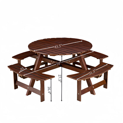 Outdoor 8-person round wooden picnic table with built-in benches brown finish by HouseOfZazla on Tampa Home & Garden Store