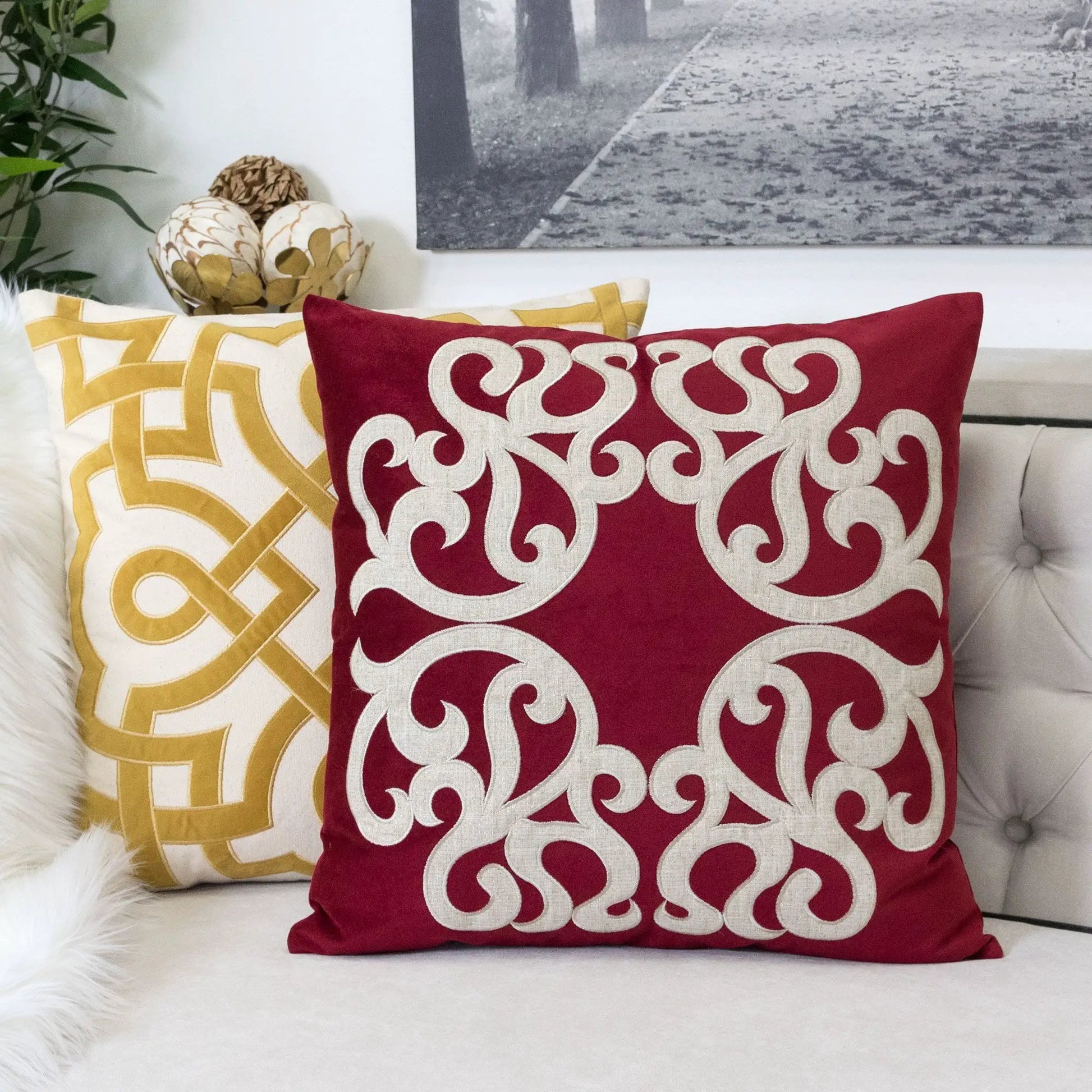 Dora pillow covers with matching back; burgundy scroll and mustard prints, two accent pillows on Tampa Home & Garden Store