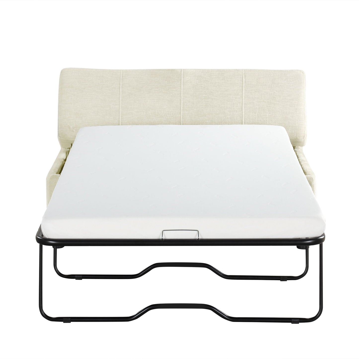 Twin size folding ottoman sleeper bed with mattress in beige upholstery and black metal frame on Tampa Home & Garden Store