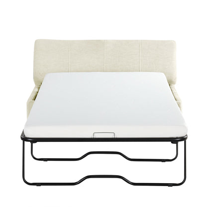 Twin size folding ottoman sleeper bed with mattress in beige upholstery and black metal frame on Tampa Home & Garden Store