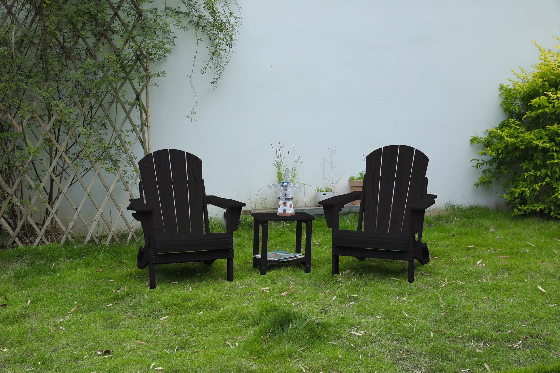 Folding Adirondack chairs with side table 3-piece outdoor set in black HouseOfZazla on Tampa Home & Garden Store