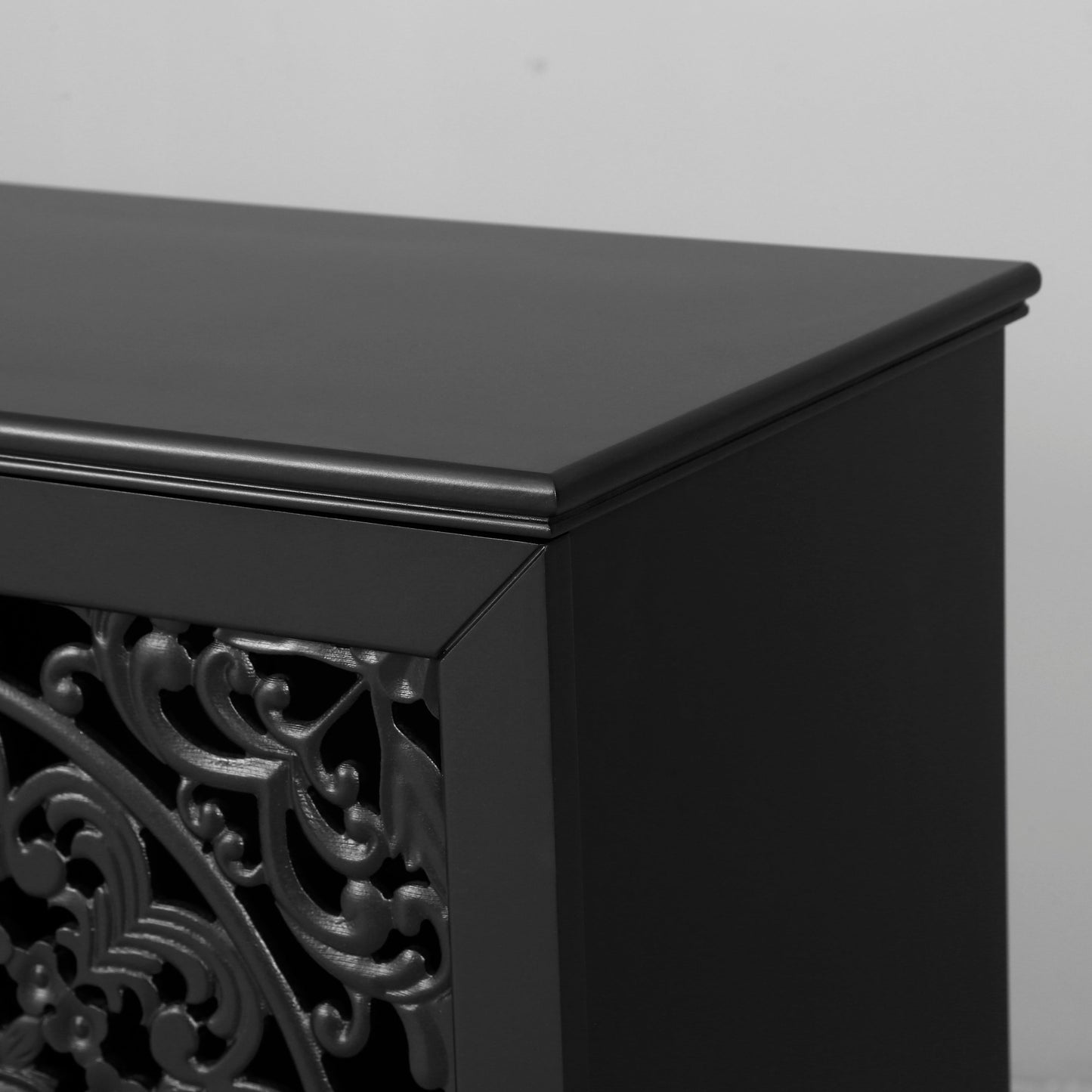 60-inch antique buffet cabinet with floral carvings, black finish and ornate metal grille on Tampa Home & Garden Store