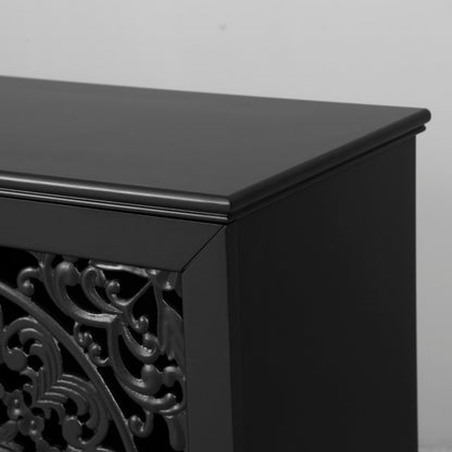 60-inch antique buffet cabinet with floral carvings, black finish and ornate metal grille on Tampa Home & Garden Store