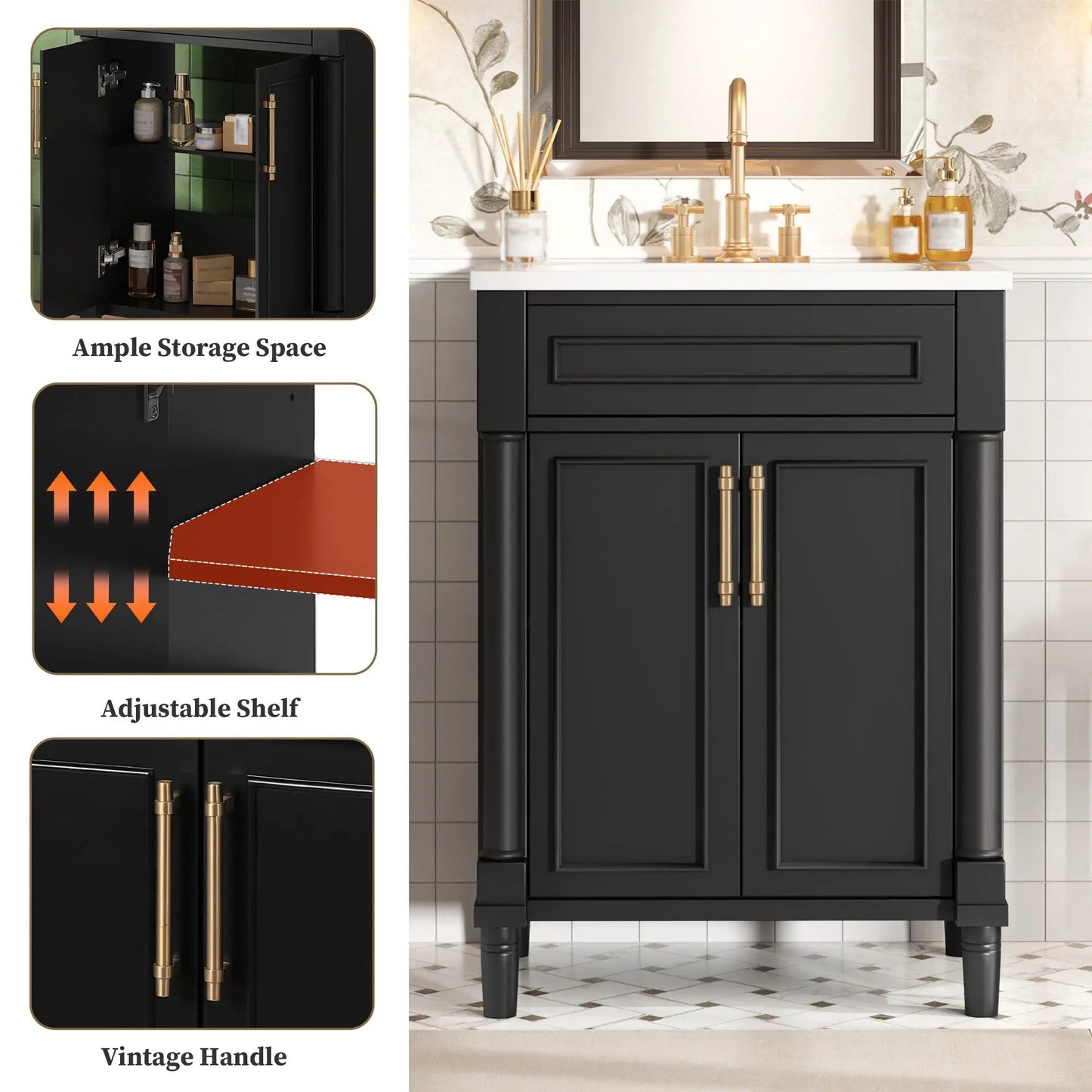 Bathroom vanity with integrated sink, black two-door cabinet, white countertop, brass faucet on Tampa Home & Garden Store