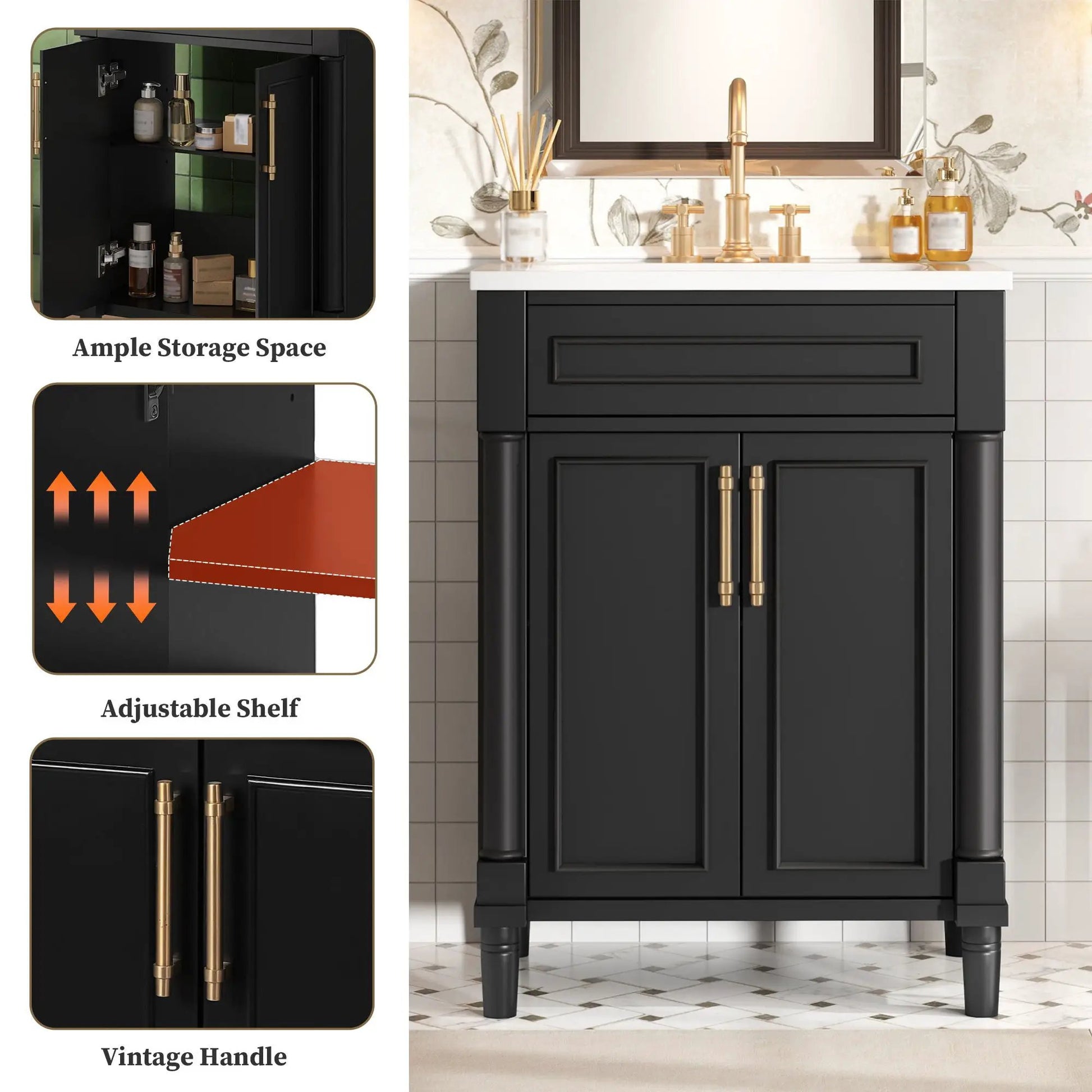 Bathroom vanity with integrated sink, black two-door cabinet, white countertop, brass faucet on Tampa Home & Garden Store