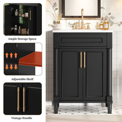 Bathroom vanity with integrated sink, black two-door cabinet, white countertop, brass faucet on Tampa Home & Garden Store