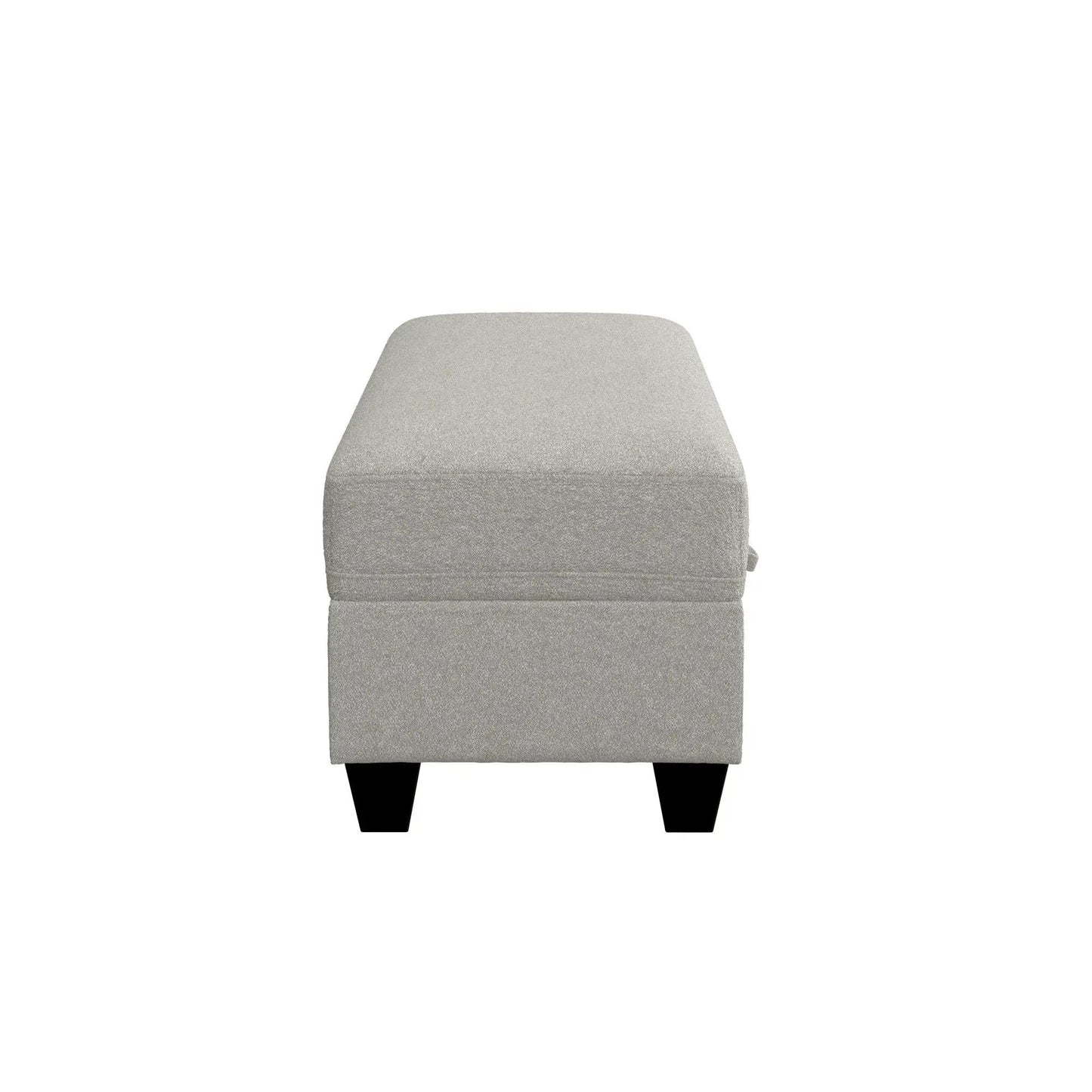 Drason storage ottoman in gray fabric with cushioned lid and tapered black legs on Tampa Home & Garden Store