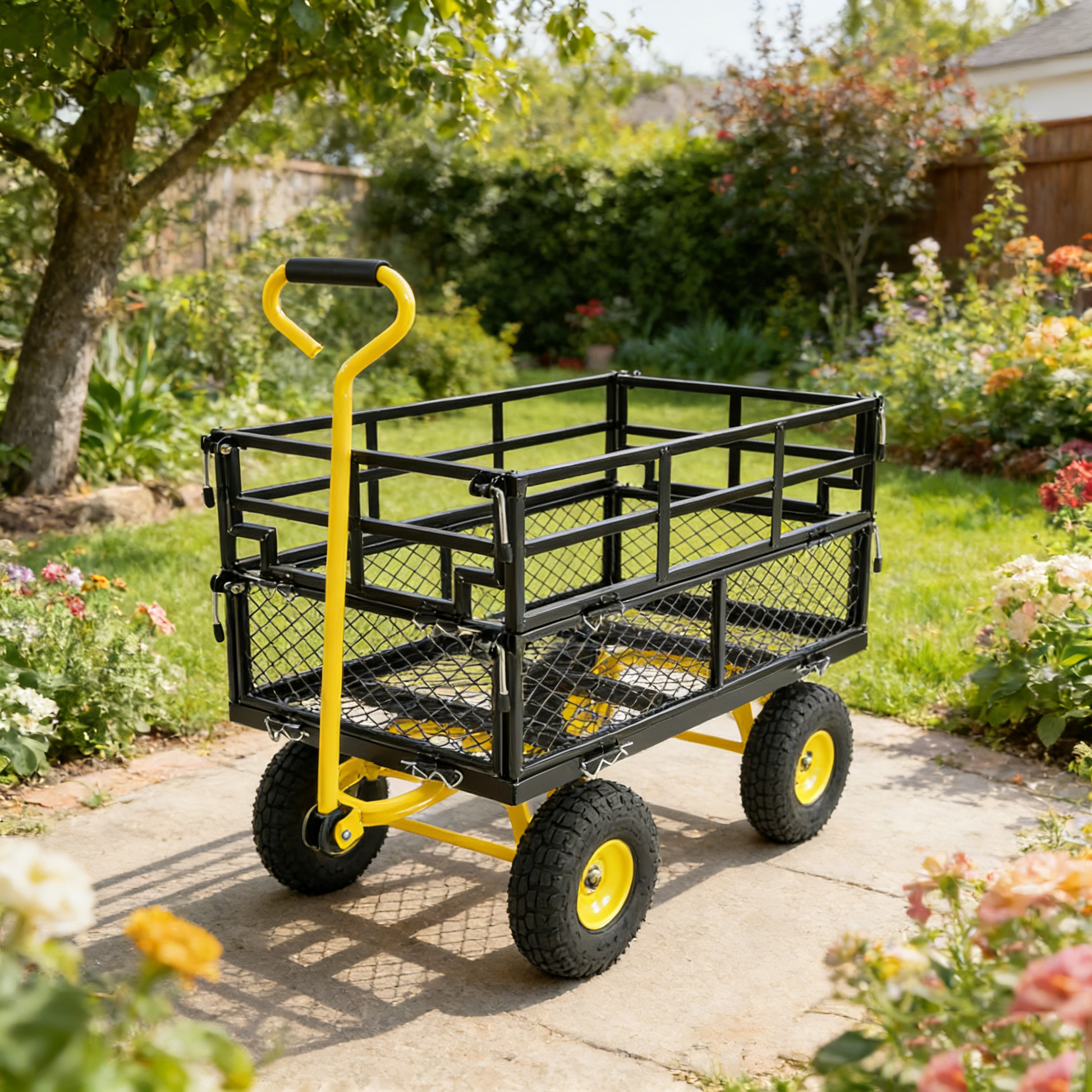 Outdoor wagon by HouseOfZazla with black frame and yellow wheels for hauling firewood on Tampa Home & Garden Store