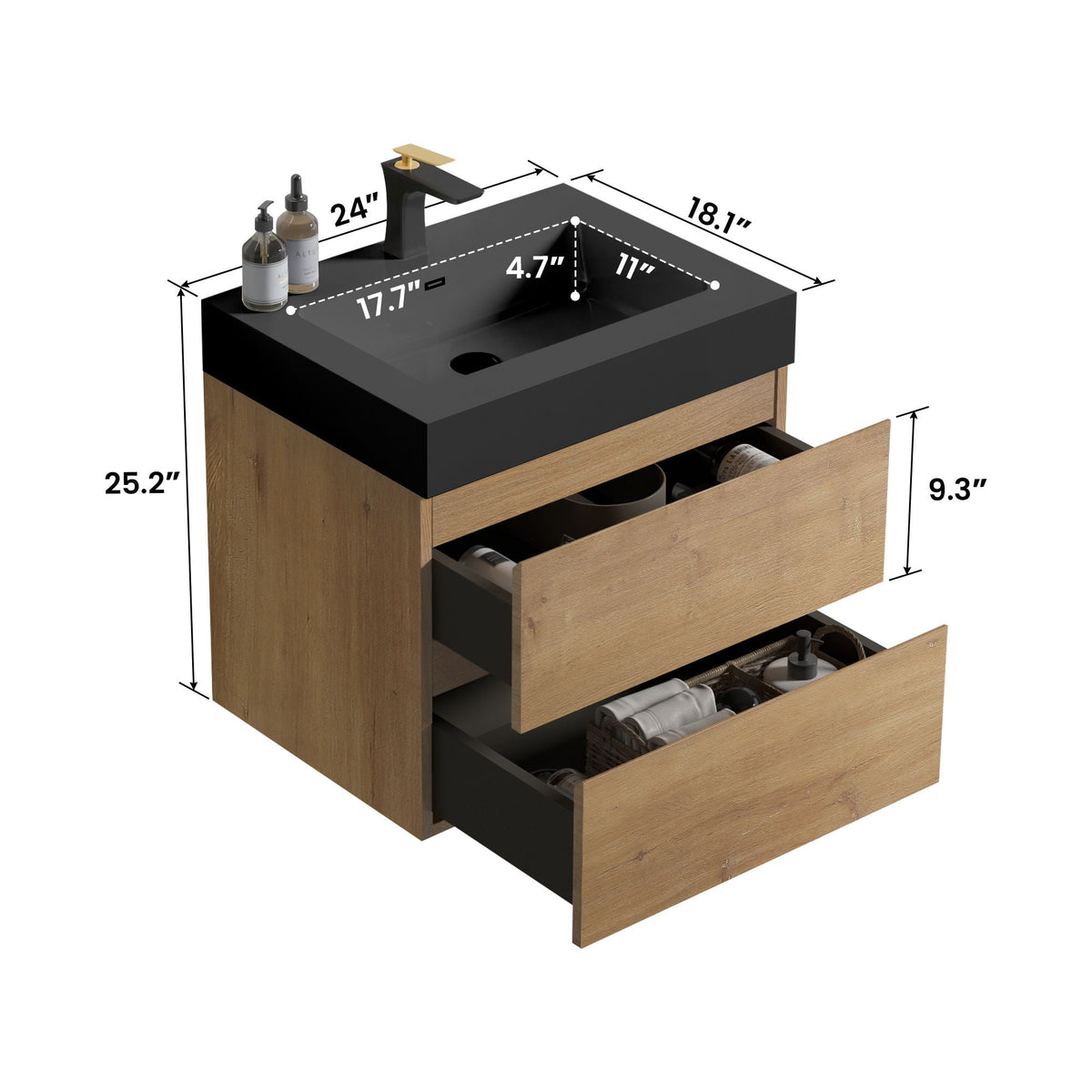 Natural oak bathroom vanity with floating quartz sink and black top, light brown cabinet on Tampa Home & Garden Store