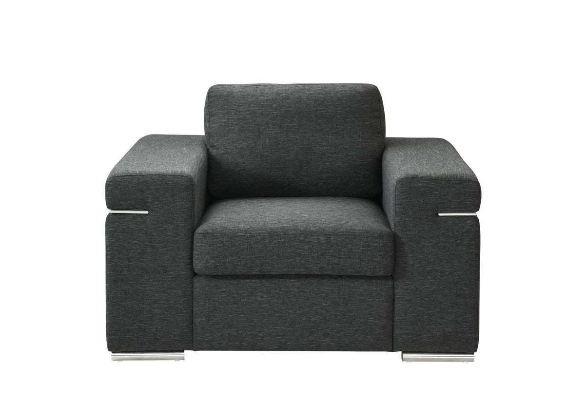 HouseOfZazla fabric arm chair with oversized arms in charcoal gray upholstery and metal accents on Tampa Home & Garden Store