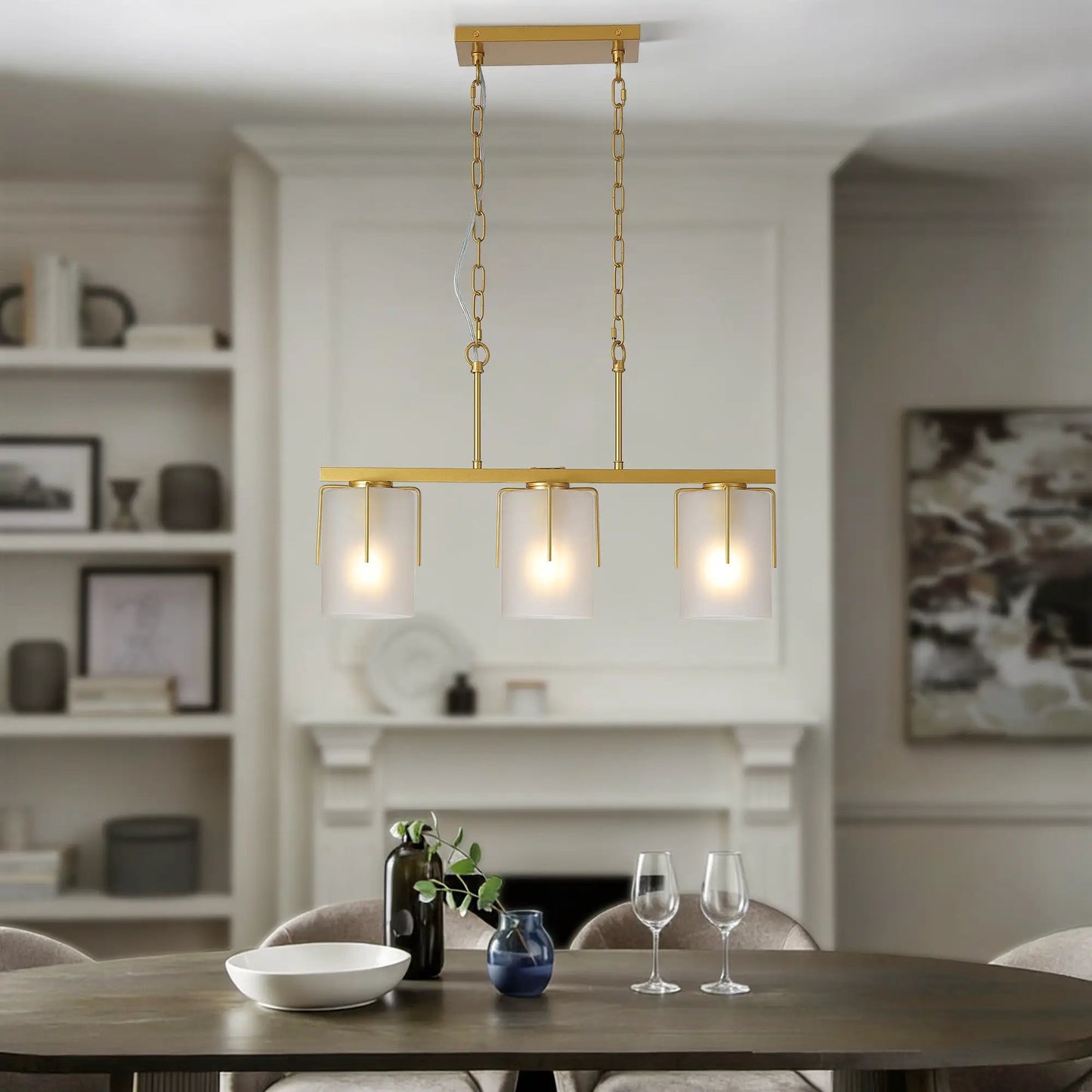 Adjustable Cylindrical Pendant Light with brass finish and four frosted glass shades on Tampa Home & Garden Store