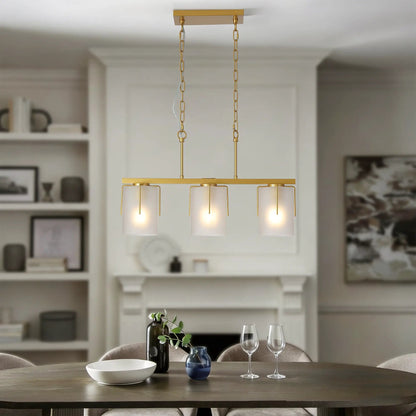 Adjustable Cylindrical Pendant Light with brass finish and four frosted glass shades on Tampa Home & Garden Store