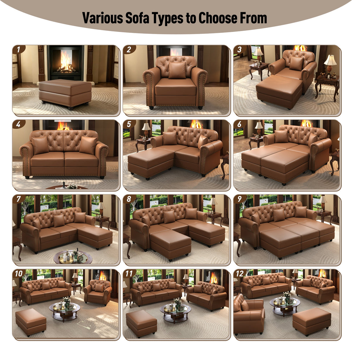 41.3 inch upholstered faux leather sofa with nailhead trim in brown with ottoman by HouseOfZazla on Tampa Home & Garden Store