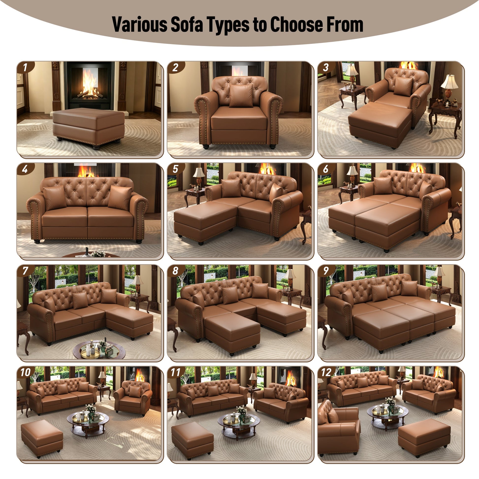 41.3 inch upholstered faux leather sofa with nailhead trim in brown with ottoman by HouseOfZazla on Tampa Home & Garden Store
