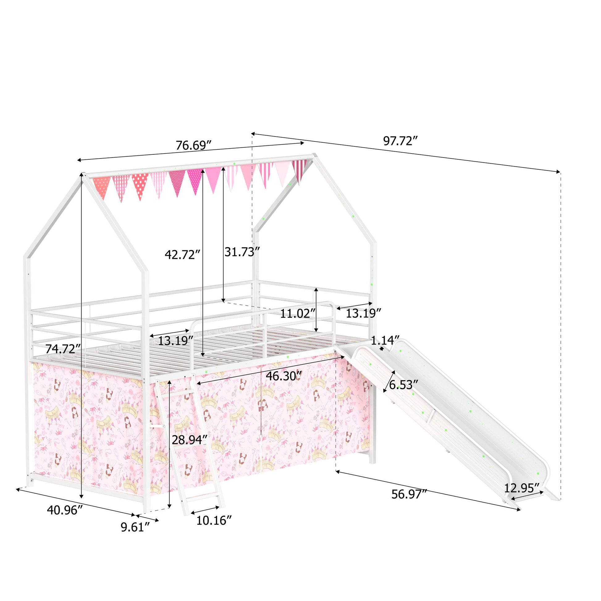 Jack Loft Bed With Slide And Curtain Set by HouseOfZazla, white frame pink unicorn curtains on Tampa Home & Garden Store