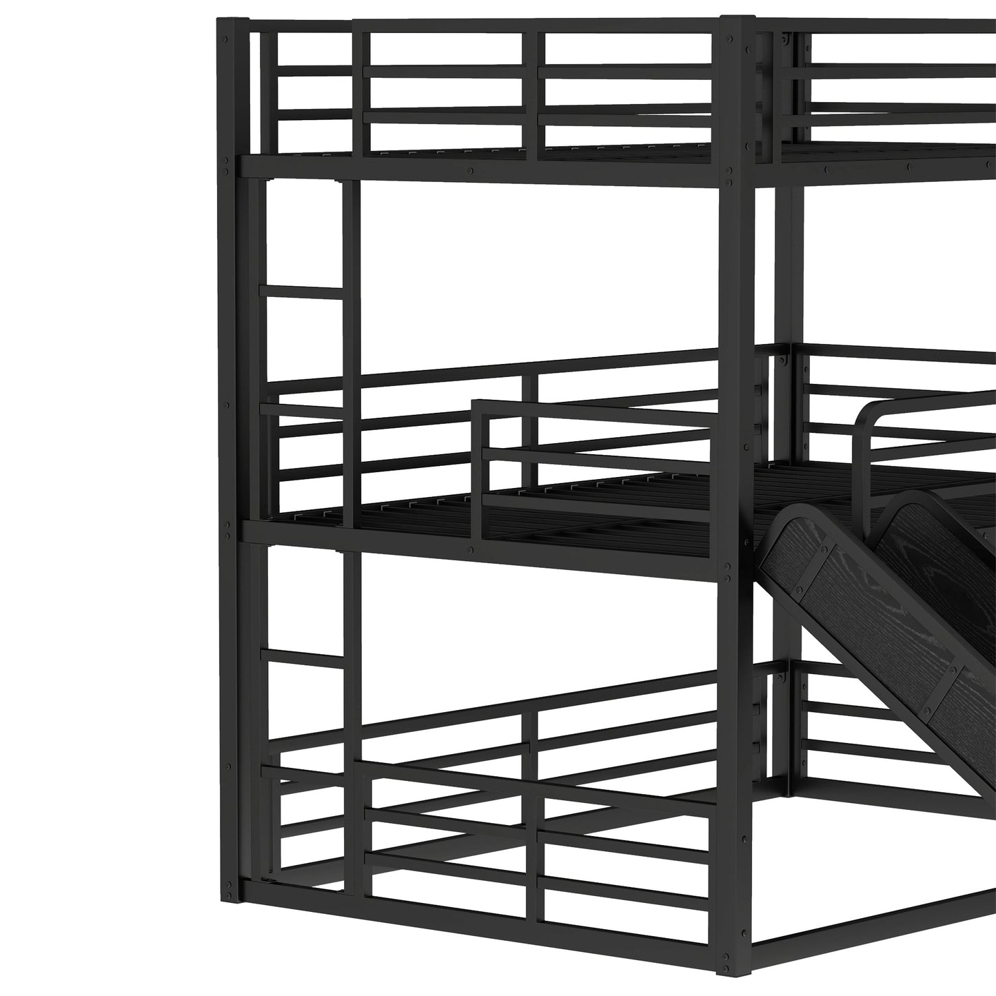 Full over full over full bunk bed with slide in black metal frame with ladder HouseOfZazla on Tampa Home & Garden Store
